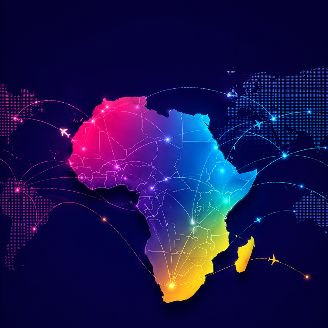 Map of Africa with global flight paths connecting Southern Africa to the world