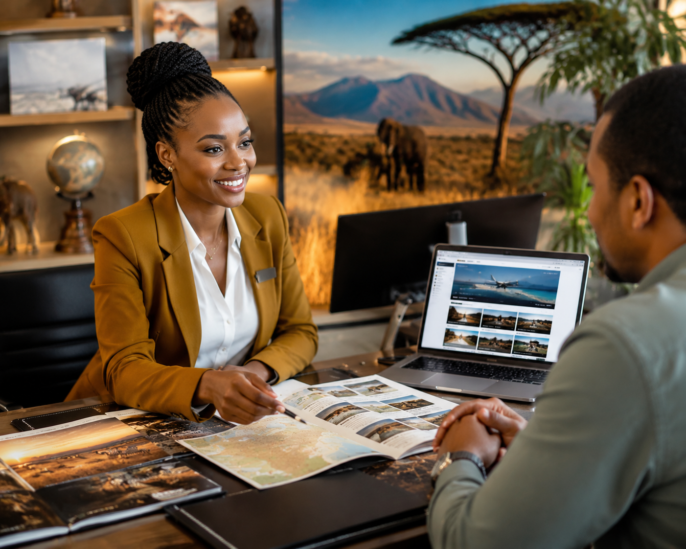 A Harvey World Travel agent helping a client plan a trip